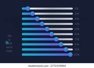 10 to 100 percent charts. Vector bkue gradient symbols. Percentage infographic elements for business, finance, progress, growth, report, presentation, download