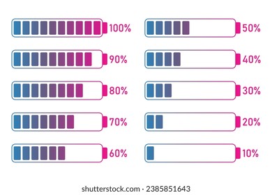 10 to 100 percentage infographics full battery charge, energy level, progress, growth, power vector sign symbols.