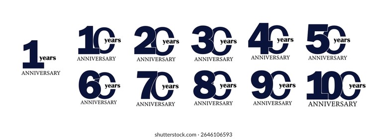 10 to 100 Years Anniversary Emblem Collection – Blue, Color Variants. set of anniversary logo style