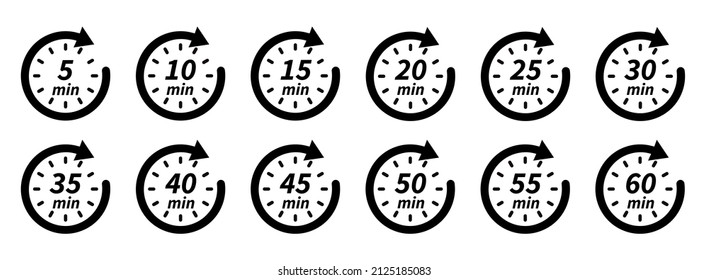 10, 15, 20, 25, 30, 35, 40, 45, 50, 55, 60 min. Timer, Uhr, Stoppen Sie einzelne Set-Symbole. Vektorlogo