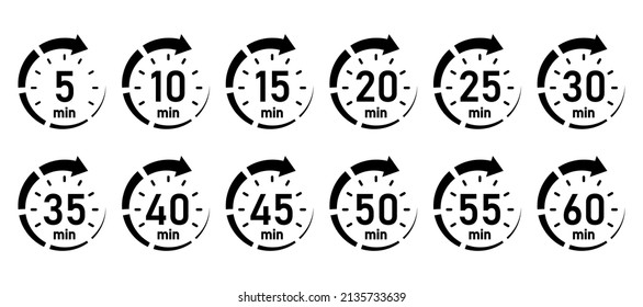 10, 15, 20, 25, 30, 35, 40, 45, 50 min,Timer, clock, stopwatch isolated set icons. Great design for any purposes. Vector logo