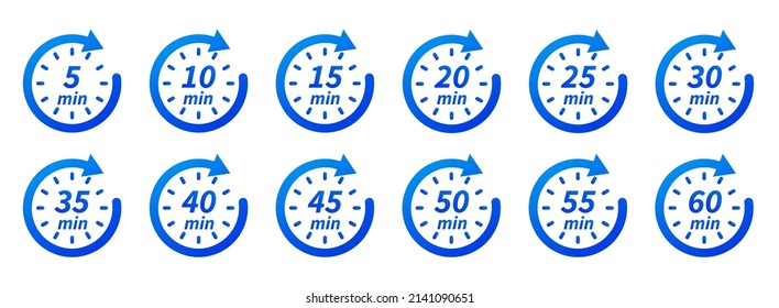 10, 15, 20, 25, 30, 35, 40, 45, 50, 55, 60 min. Timer, Uhr, Stoppen Sie einzelne Set-Symbole. Vektorlogo.