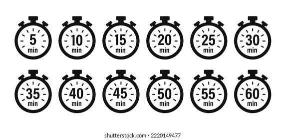 10, 15, 20, 25, 30, 35, 40, 45, 50 min, Timer, Uhr, Stoppuhr einzelne Set-Symbole. Großartiges Design für jeden Zweck. Vektorgrafik