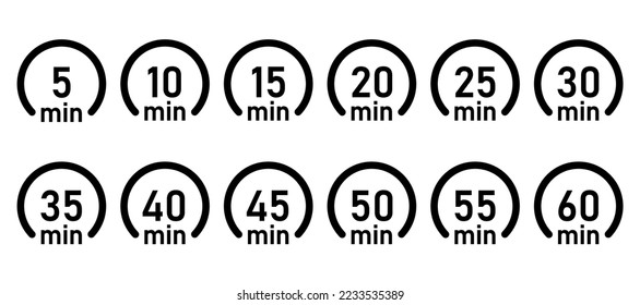 10, 15, 20, 25, 30, 35, 40, 45, 50 min, Timer, Uhr, Stoppuhr einzelne Set-Symbole. Großartiges Design für jeden Zweck. Vektorlogo.