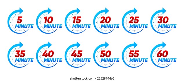 10, 15, 20, 25, 30, 35, 40, 45, 50 min. Timer, clock, stopwatch isolated set icons. Kitchen timer icon with different minutes. Cooking time symbols. Great design for any purposes. Vector illustration.