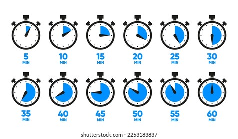 10, 15, 20, 25, 30, 35, 40, 45, 50 min. Timer, clock, stopwatch isolated set icons. Kitchen timer icon with different minutes. Cooking time symbols. Great design for any purposes. Vector illustration.