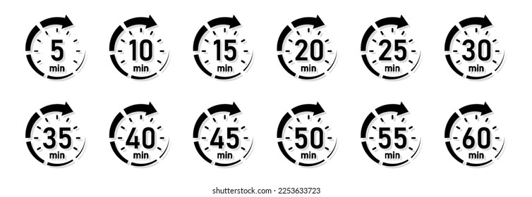 10, 15, 20, 25, 30, 35, 40, 45, 50 min,Timer, clock, stopwatch isolated set icons. Great design for any purposes. Vector logo 