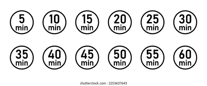  10, 15, 20, 25, 30, 35, 40, 45, 50 min, Timer, Uhr, Stoppuhr einzelne Set-Symbole. Großartiges Design für jeden Zweck. Vektorlogo