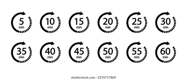 10, 15, 20, 25, 30, 35, 40, 45, 50 min,Timer, reloj. Ajuste de iconos del temporizador de cuenta atrás. Ilustración vectorial aislada. 