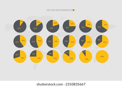 10 15 20 25 30 35 40 45 50 55 60 65 70 75 80 85 90 por ciento conjunto de gráficos circulares. Diagramas de círculo. Mapa del mundo trazado. Porcentaje de vectores establecido para descarga, infografía, progreso, negocios, finanzas, informe