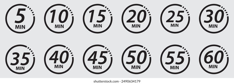 10, 15, 20, 25, 30, 35, 40, 45, 50 min, Timer, clock, stopwatch isolated set icons. Great design for any purposes.  Timer  logo. vector illustration .EPS 10