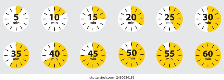 10, 15, 20, 25, 30, 35, 40, 45, 50 min, Timer, clock, stopwatch isolated set icons. Great design for any purposes.  Timer  logo. vector illustration .EPS 10