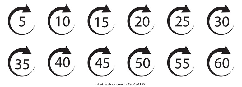 10, 15, 20, 25, 30, 35, 40, 45, 50 min, Timer, clock, stopwatch isolated set icons. Great design for any purposes.  Timer  logo. vector illustration .EPS 10