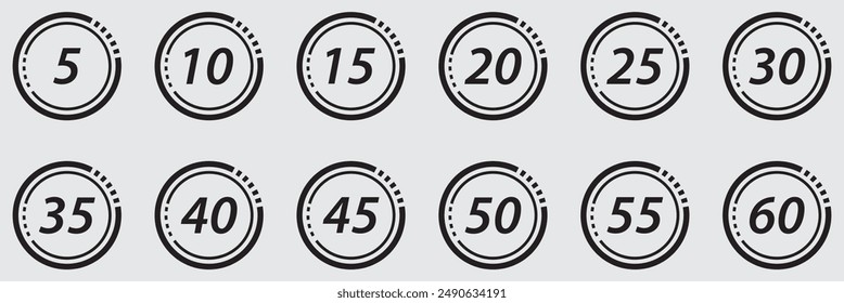 10, 15, 20, 25, 30, 35, 40, 45, 50 min, Timer, Uhr, Stoppuhr Isolated Set Icons. Tolles Design für jeden Zweck.  Timer-Logo. Vektorillustration .EPS 10