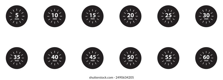 10, 15, 20, 25, 30, 35, 40, 45, 50 min, Timer, clock, stopwatch isolated set icons. Great design for any purposes.  Timer  logo. vector illustration .EPS 10