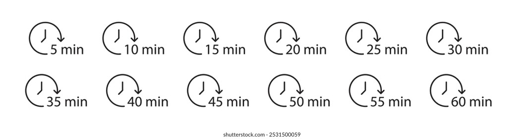 10, 15, 20, 25, 30, 35, 40, 45, 50 minutes icon simple vector design isolated white background 