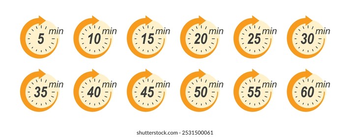 10, 15, 20, 25, 30, 35, 40, 45, 50 minutes icon fast yellow vector design isolated white background