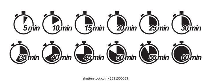 10, 15, 20, 25, 30, 35, 40, 45, 50 minutes icon black timer vector design isolated white background