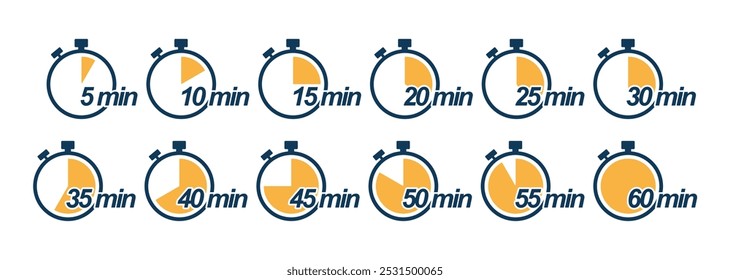 10, 15, 20, 25, 30, 35, 40, 45, 50 minutes timer icon vector design isolated white background