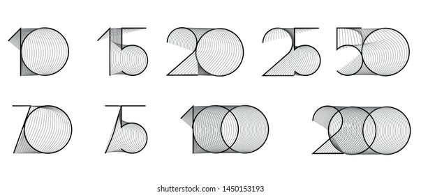 10, 15, 20, 25, 50, 70, 75, 100, 200 lined, outline,  illustration, clip art, vector.