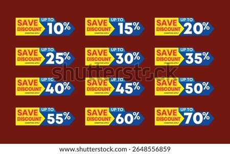 10%, 15%, 20%, 30%, 40%, 45%, 50%, 60%, Discount.
Set of Colorful Discount Tags with Percentage Offers – Save Up to 70%.
Perfect for use in e-commerce websites, flyers and online advertisements.