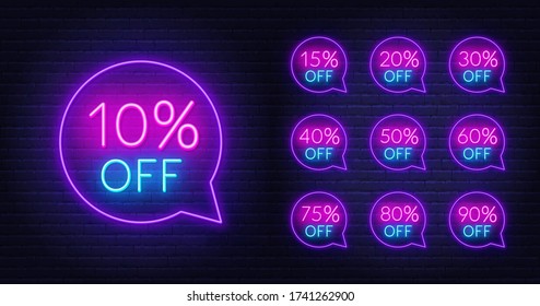 10, 15, 20, 30,40 50, 60, 75, 80, 90 percent off neon discount light signs on a dark background.