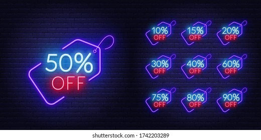 10, 15, 20, 30,40,50, 60, 75, 80, 90 percent off . Neon discount light signs on a dark background.