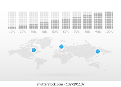 10 20 30 40 50 60 70 80 90 percent square chart symbols. Percentage vector. World Map with Map Pointers. Infographic illustration icons for business, finance, web design, growth, download