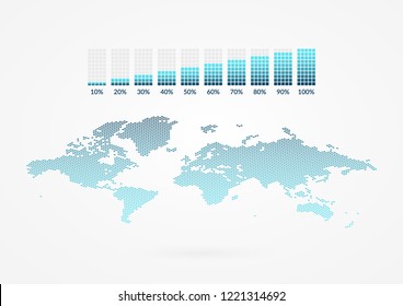 10 20 30 40 50 60 70 80 90 100 percent square chart symbols. Percentage vector icons. World Map. Infographic layout in A4 for business, finance, web, design, growth, download, progress, report