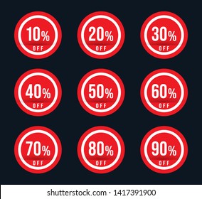 10 20 30 40 50 60 70 80 90 percent off - red sale stamp set - special offer sign Vector illustration.
