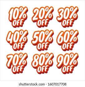 10%, 20%, 30%, 40%, 50%, 60%, 70%, 80%, 90% lettering text vector signs set.