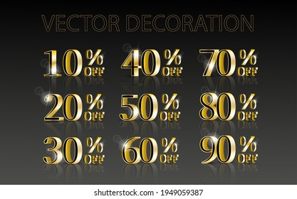 10, 20, 30, 40, 50, 60, 70, 80, 90% off.  Set of realistic 3D vector design elements. Business technology concept. Discount sale vector. 