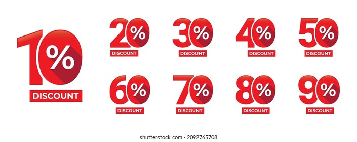10%, 20%, 30%, 40%, 50%, 60%, 70%, 80%, 90% Discount. Sale tags set vector badges template. Sale offer price sign. Special offer symbol. Discount promotion. Discount badge shape.

