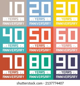 10 20 30 40 50 60 70 80 90 years anniversary with square box and multi color vector