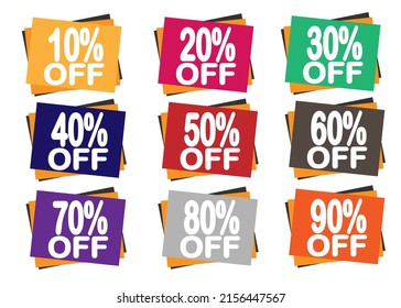 10%, 20%, 30%, 40%, 50%, 60%, 70%, 80% y 90% de descuento. Establecer la plantilla de diseño de banners de venta, etiquetas de descuento. Iconos de promoción para tiendas en línea, ilustración vectorial.