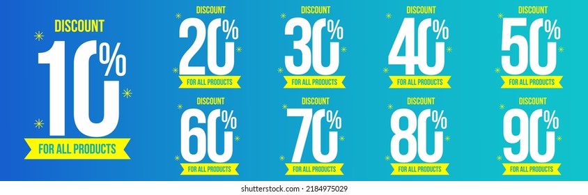 10%, 20%, 30%, 40%, 50%, 60%, 70%, 80%, 90% Discount. Sale tags set vector badges template. Sale offer price sign. Special offer symbol. Discount promotion. Discount badge shape. Vector design