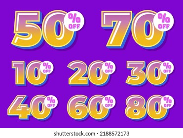 10%, 20%, 30%, 40%, 50%, 60%, 70%, 80%, 90% de descuento. Plantilla de etiquetas de venta de conjunto de insignias. Señal de precio de oferta de venta. Símbolo de oferta especial. Promoción de descuento