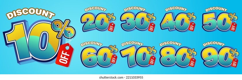 10%, 20%, 30%, 40%, 50%, 60%, 70%, 80%, 90% de descuento. Etiquetas de venta conjunto plantilla de insignias vectoriales. Señal de precio de oferta de venta. Símbolo de oferta especial. Promoción de descuento. Forma de identificador de descuento. Diseño de vectores
