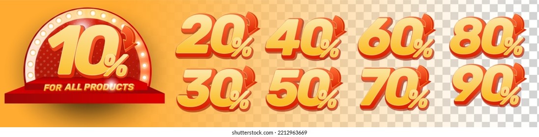 10%, 20%, 30%, 40%, 50%, 60%, 70%, 80%, 90% de descuento. Etiquetas de venta conjunto plantilla de insignias vectoriales. Señal de precio de oferta de venta. Símbolo de oferta especial. Promoción de descuento. Forma de identificador de descuento. Diseño de vectores