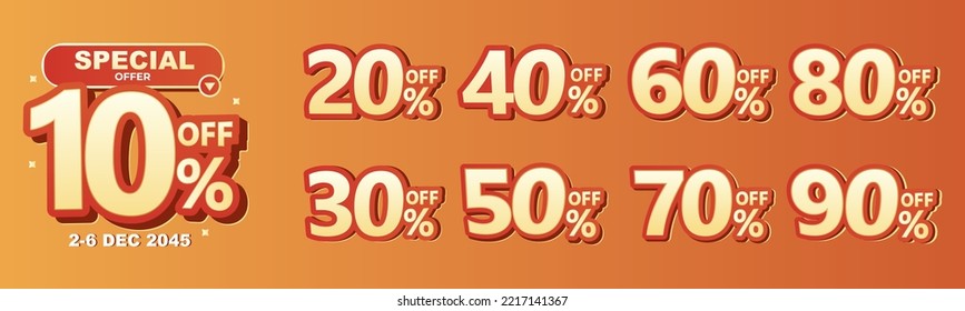 10%, 20%, 30%, 40%, 50%, 60%, 70%, 80%, 90% Discount. Sale tags set vector badges template. Sale offer price sign. Special offer symbol. Discount promotion. Discount badge shape. Vector design