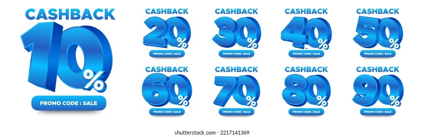 10%, 20%, 30%, 40%, 50%, 60%, 70%, 80%, 90% Cashback. Sale tags set vector badges template. Sale offer price sign. Special offer symbol. Discount promotion. Discount badge shape. Vector design