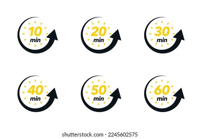 10, 20, 30, 40, 50, 60 min. Timer, reloj, cronómetro de iconos de conjunto aislados. Conjunto de iconos de temporizador, diseño vectorial moderno. Ilustración del vector