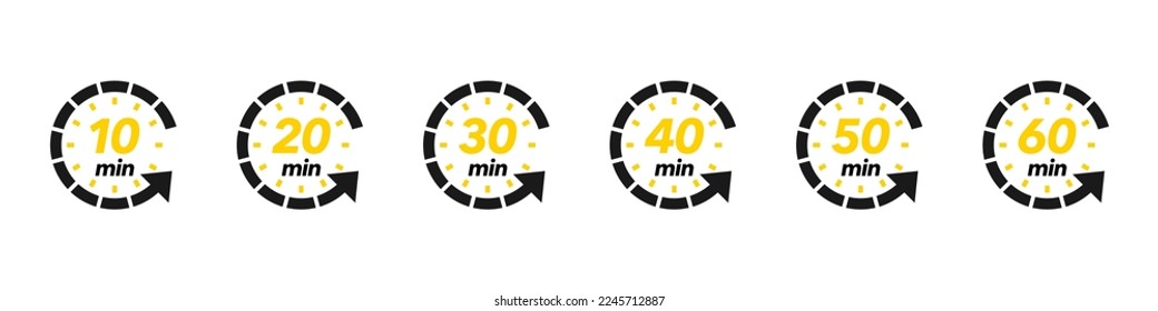 10, 20, 30, 40, 50, 60 min. Timer, reloj, cronómetro de iconos de conjunto aislados. Conjunto de iconos de temporizador, diseño vectorial moderno. Ilustración del vector