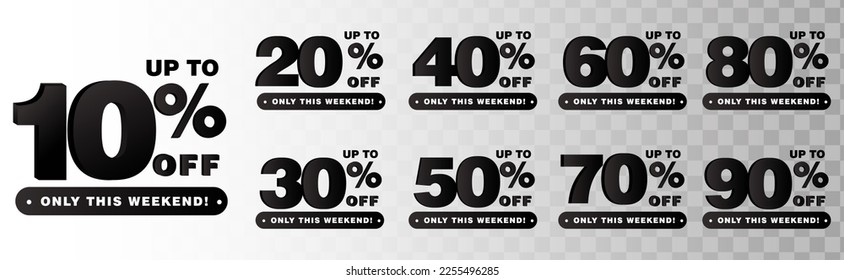 10 %, 20 %, 30 %, 40 %, 50 %, 60 %, 70 %, 80 %, 90 % Rabatt. Verkaufs-Tags Set Vektorgrafik-Badges Vorlage. Preisschild für den Verkauf. Sonderangebot-Symbol. Rabattwerbung. Rabattmarkierung Vektordesign