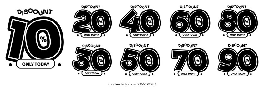 10 %, 20 %, 30 %, 40 %, 50 %, 60 %, 70 %, 80 %, 90 % Rabatt. Verkaufs-Tags Set Vektorgrafik-Badges Vorlage. Preisschild für den Verkauf. Sonderangebot-Symbol. Rabattwerbung. Rabattmarkierung Vektordesign