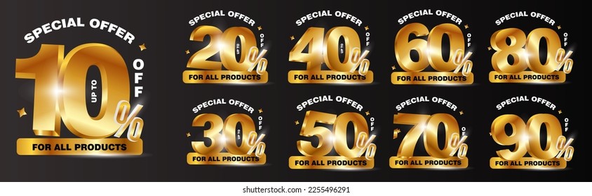 10%, 20%, 30%, 40%, 50%, 60%, 70%, 80%, 90% Discount. Sale tags set vector badges template. Sale offer price sign. Special offer symbol. Discount promotion. Discount badge shape. Vector design