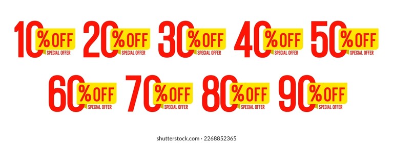 10%, 20%, 30%, 40%, 50%, 60%, 70%, 80%, 90%, 100% de descuento. Etiquetas de venta conjunto plantilla de insignias vectoriales. Señal de precio de oferta de venta. Símbolo de oferta especial. Promoción de descuento. Forma de identificador de descuento.