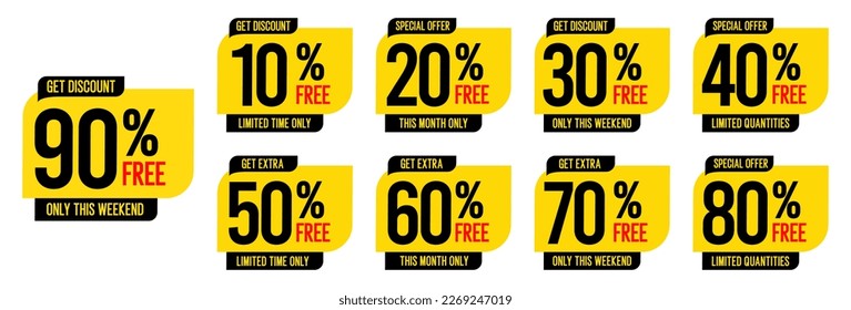 10%, 20%, 30%, 40%, 50%, 60%, 70%, 80%, 90%, descuento. Etiquetas de venta conjunto plantilla de insignias vectoriales. Señal de precio de oferta de venta. Símbolo de oferta especial. Promoción de descuento. Forma de identificador de descuento.