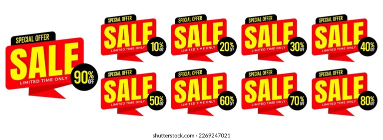 10 %, 20 %, 30 %, 40 %, 50 %, 60 %, 70 %, 80 %, 90 %, Rabatt. Verkaufs-Tags Set Vektorgrafik-Badges Vorlage. Preisschild für den Verkauf. Sonderangebot-Symbol. Rabattwerbung. Rabattmarkierung