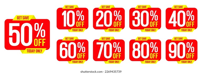 10%, 20%, 30%, 40%, 50%, 60%, 70%, 80%, 90%, Discount. Sale tags set vector badges template. Sale offer price sign. Special offer symbol. Discount promotion. Discount badge shape.